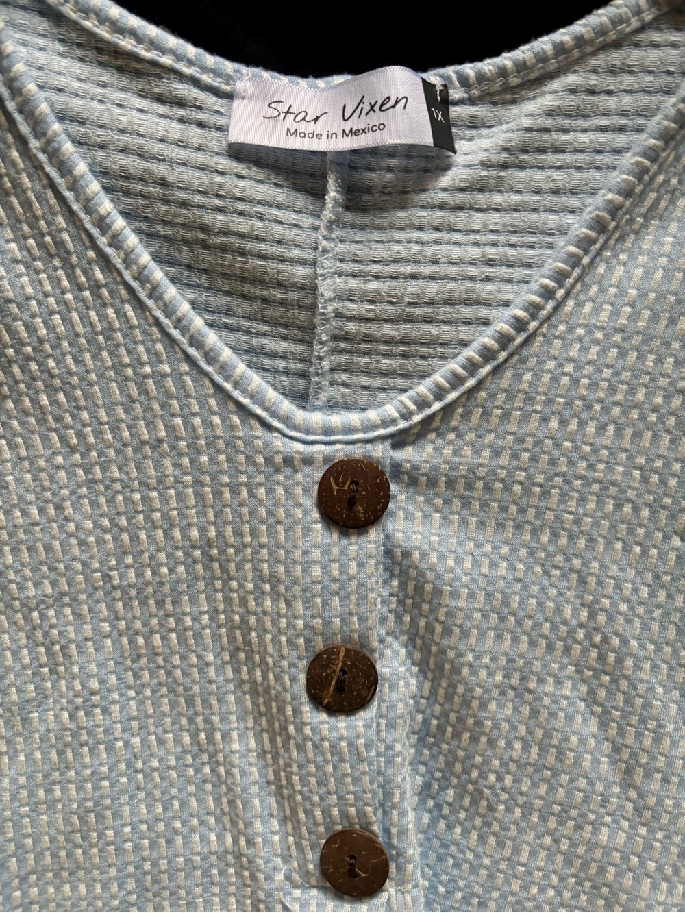 Star Vixen Pale Blue Women’s Waffle Henley with Brown Buttons